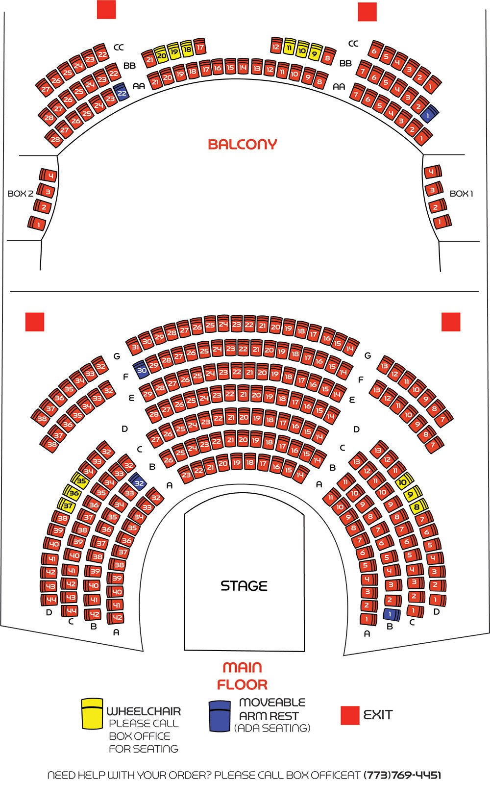 Black Ensemble Theater seating chart: main floor and balcony, with wheelchair and ADA moveable-armrest seating marked